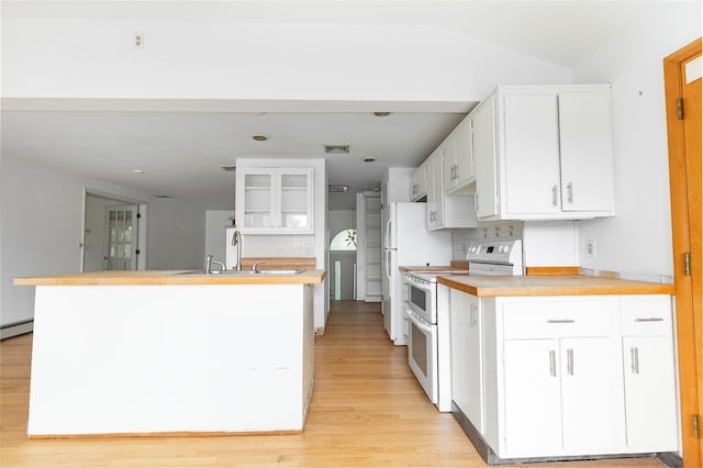 kitchen featuring white cabinetry, sink, white range, backsplash, and light wood-type flooring