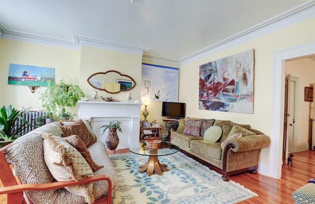 living room featuring crown molding and hardwood / wood-style floors