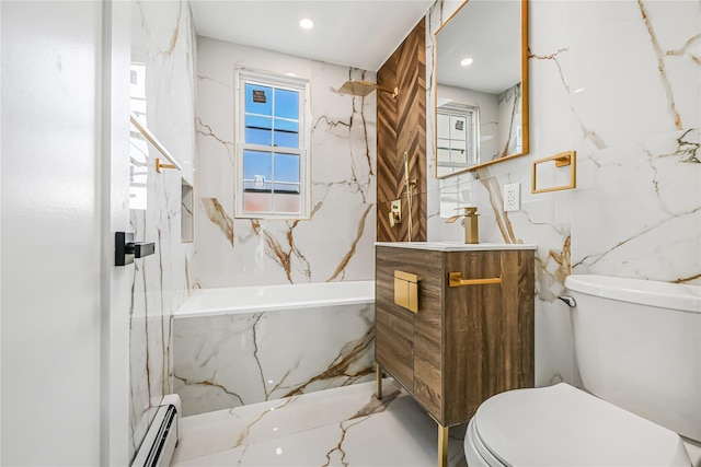 bathroom with baseboard heating, a bathing tub, vanity, and toilet