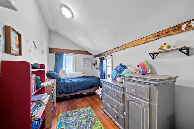 bedroom with wood-type flooring and lofted ceiling