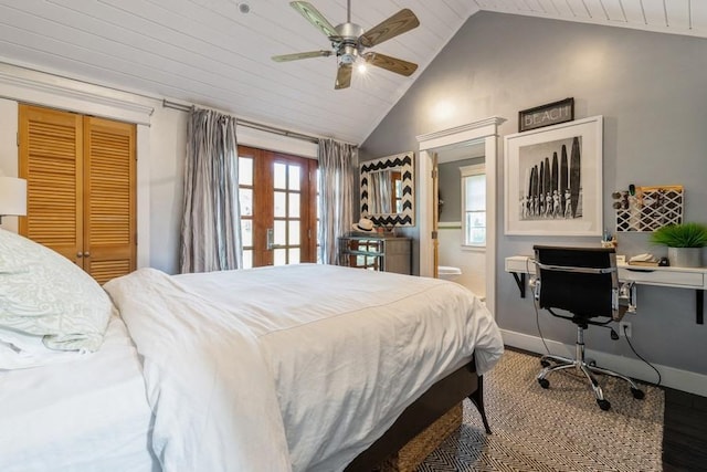 bedroom featuring ceiling fan, wood-type flooring, wooden ceiling, and vaulted ceiling
