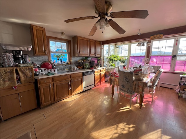 kitchen with backsplash, light hardwood / wood-style floors, stainless steel dishwasher, and sink