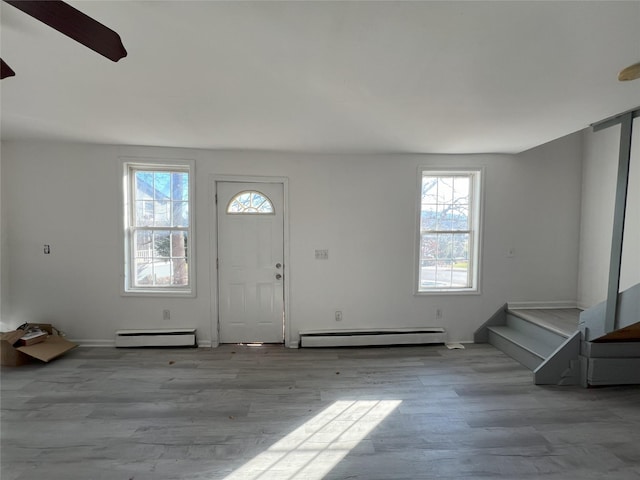 entrance foyer with light hardwood / wood-style flooring and a baseboard heating unit