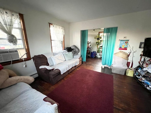 living room featuring dark hardwood / wood-style flooring and a baseboard heating unit