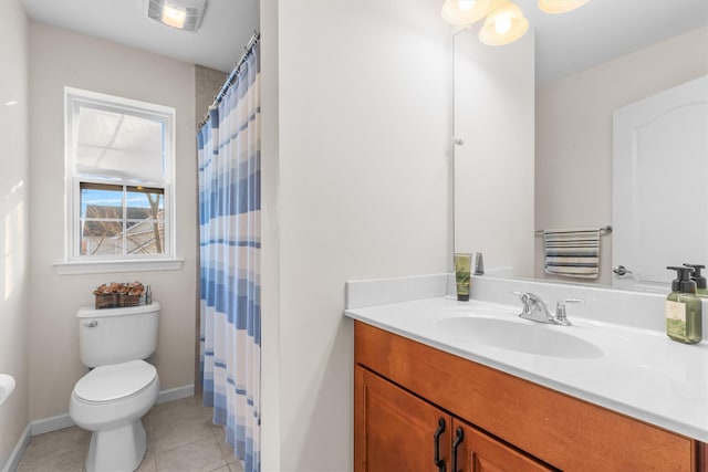 bathroom with tile patterned floors, vanity, toilet, and a shower with shower curtain