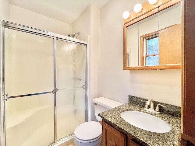 bathroom featuring vanity, toilet, and a shower with shower door