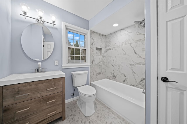 full bath featuring toilet, shower / bath combination, vanity, and baseboards