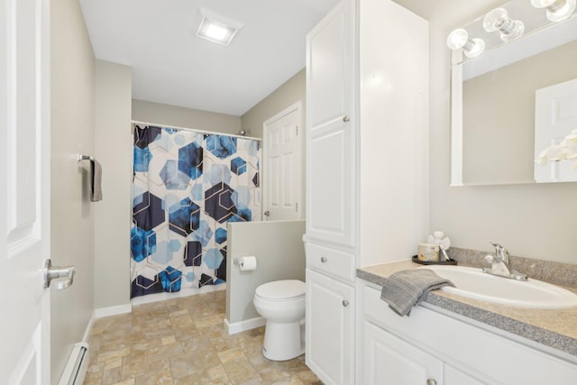 bathroom featuring a shower with curtain, a baseboard radiator, vanity, and toilet