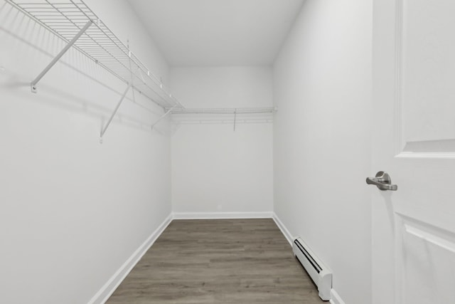 walk in closet with a baseboard radiator and wood-type flooring