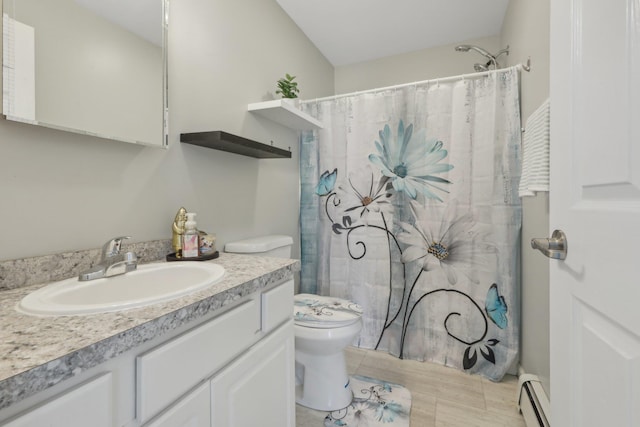 bathroom with vanity, a baseboard heating unit, curtained shower, and toilet