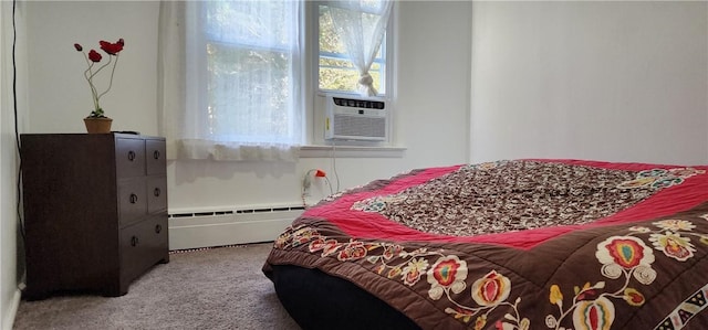 carpeted bedroom with cooling unit and a baseboard radiator