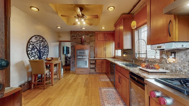 kitchen with backsplash, a raised ceiling, light hardwood / wood-style floors, and appliances with stainless steel finishes