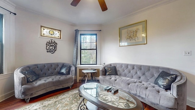 living room with ceiling fan, wood-type flooring, and ornamental molding