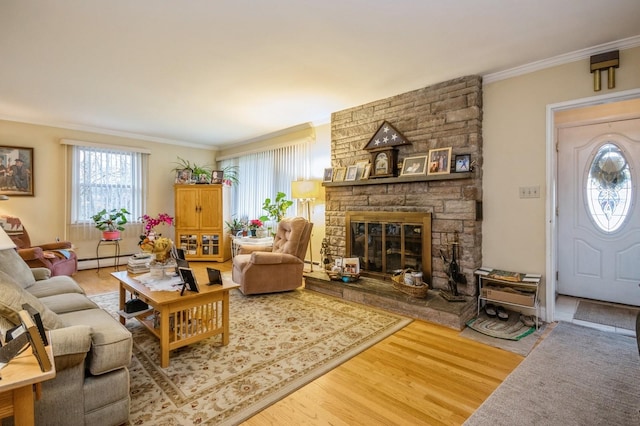 living room with crown molding, a baseboard radiator, wood-type flooring, and a stone fireplace