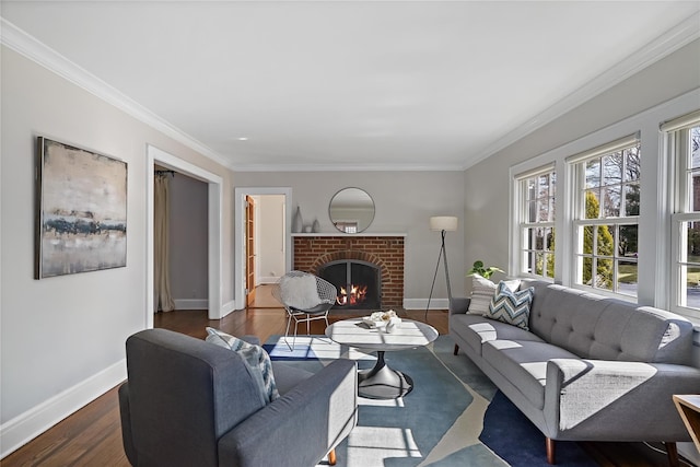 living room with crown molding, dark wood-type flooring, and a fireplace