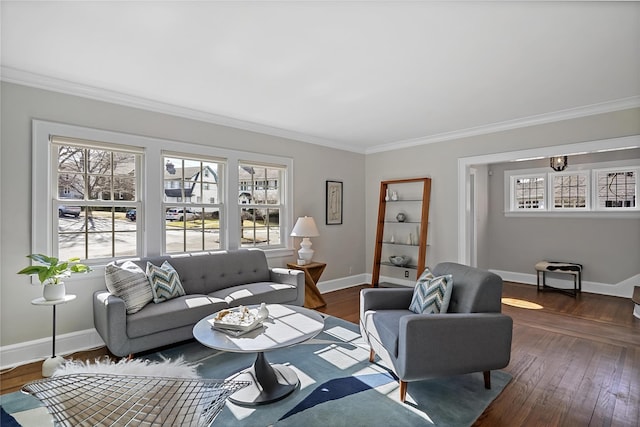 living room with crown molding and dark hardwood / wood-style flooring