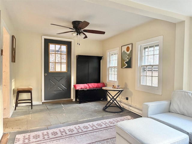 interior space with ceiling fan and a wealth of natural light