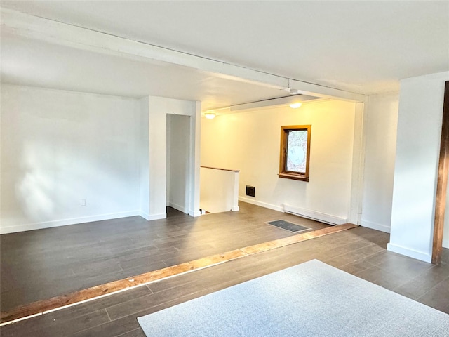 unfurnished room with dark hardwood / wood-style floors and baseboard heating