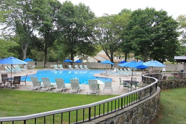 view of pool featuring a yard and a patio