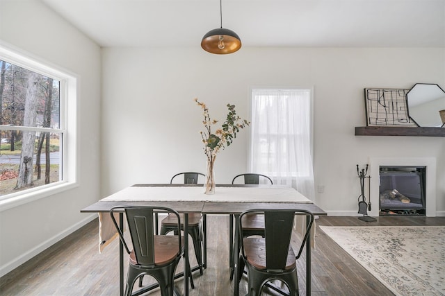 dining space with dark wood-type flooring