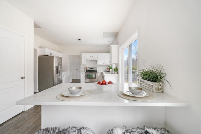 kitchen featuring kitchen peninsula, stainless steel appliances, white cabinetry, and dark wood-type flooring