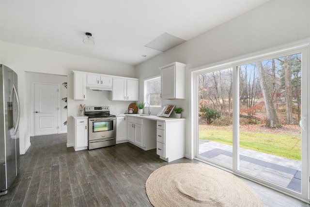 kitchen featuring dark hardwood / wood-style floors, white cabinetry, stainless steel appliances, and a wealth of natural light