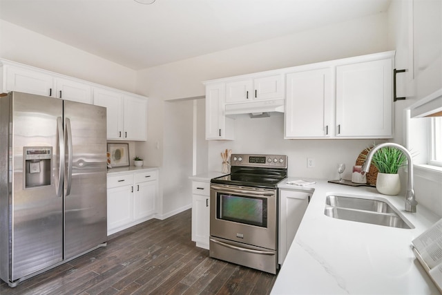 kitchen with white cabinets, dark hardwood / wood-style flooring, sink, and appliances with stainless steel finishes