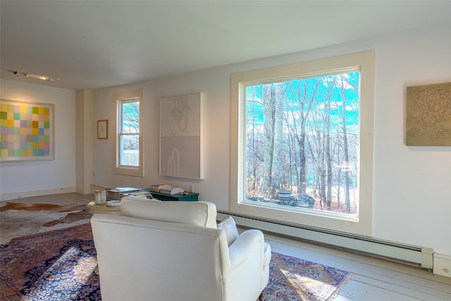 living room with a healthy amount of sunlight, wood-type flooring, and a baseboard radiator