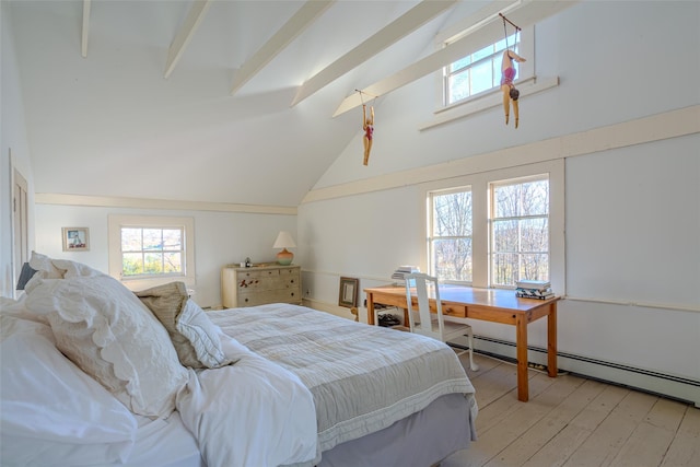 bedroom featuring beamed ceiling, light hardwood / wood-style floors, high vaulted ceiling, and baseboard heating