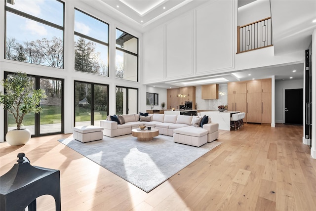 living room featuring a high ceiling and light hardwood / wood-style floors