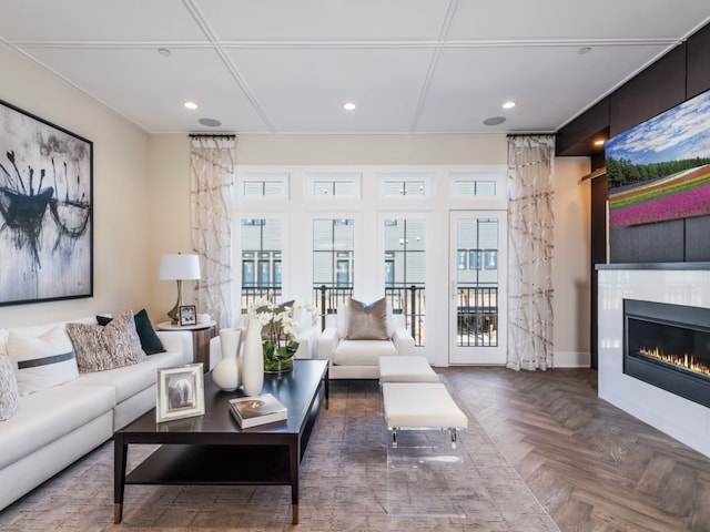 living room with dark parquet floors