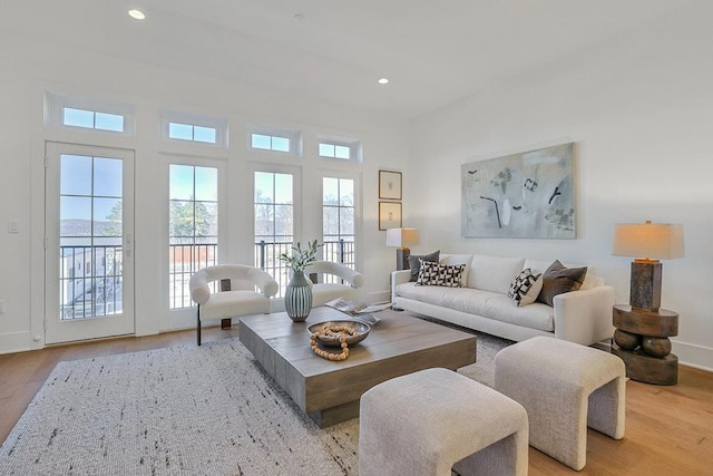 living area featuring light wood-type flooring, a wealth of natural light, and baseboards