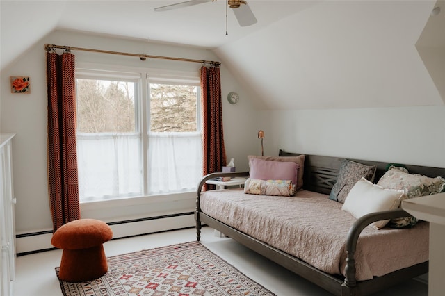 bedroom with multiple windows, baseboard heating, lofted ceiling, and ceiling fan