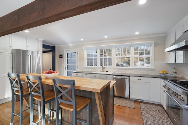 kitchen featuring appliances with stainless steel finishes, butcher block countertops, ornamental molding, and decorative backsplash