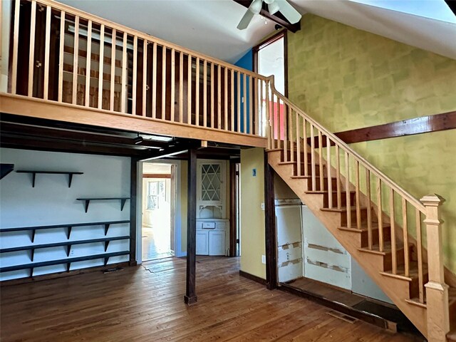 6 Hemlock Rd, South Salem, NY 10590 - stairway featuring high vaulted ceiling, ceiling fan, and wood finished floors