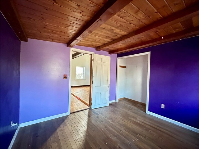 6 Hemlock Rd, South Salem, NY 10590 - unfurnished bedroom featuring wooden ceiling with exposed beams, baseboards, and dark wood-style flooring