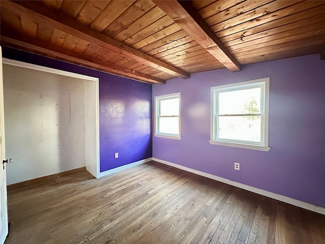 unfurnished bedroom featuring hardwood / wood-style floors, beamed ceiling, and wooden ceiling