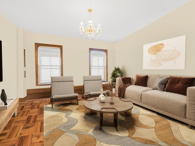 living room with a notable chandelier, a healthy amount of sunlight, and parquet flooring