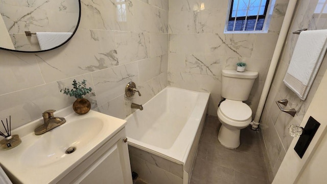 full bathroom featuring vanity, toilet, shower / bath combination, and tile walls