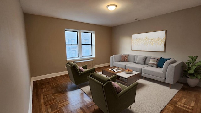 living room featuring dark parquet flooring