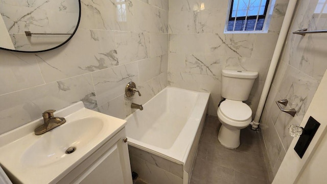 full bathroom with vanity, tub / shower combination, toilet, and tile walls