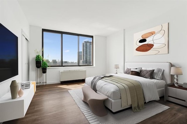 bedroom with radiator heating unit and dark wood-type flooring