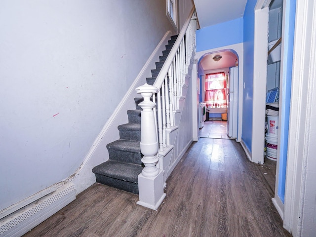 stairway featuring hardwood / wood-style floors