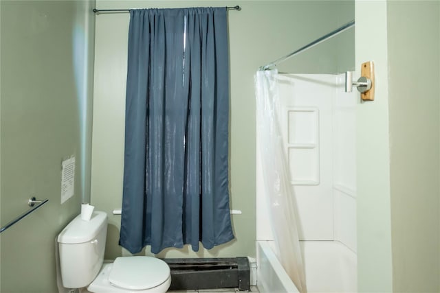 bathroom featuring shower / tub combo, a baseboard heating unit, and toilet