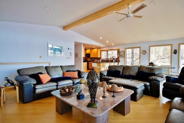 181 Starlight Rd, Monticello, NY 12701 - living room featuring recessed lighting, lofted ceiling with beams, light wood-style flooring, and a ceiling fan