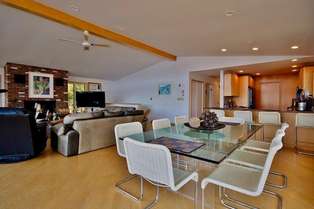 181 Starlight Rd, Monticello, NY 12701 - dining area featuring recessed lighting, ceiling fan, lofted ceiling with beams, and light wood-style flooring