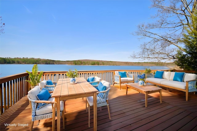 181 Starlight Rd, Monticello, NY 12701 - wooden deck featuring outdoor lounge area, outdoor dining area, and a water view