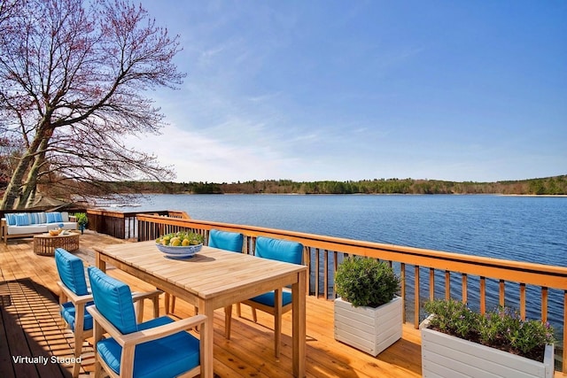 181 Starlight Rd, Monticello, NY 12701 - wooden deck featuring outdoor lounge area, a water view, and outdoor dining space