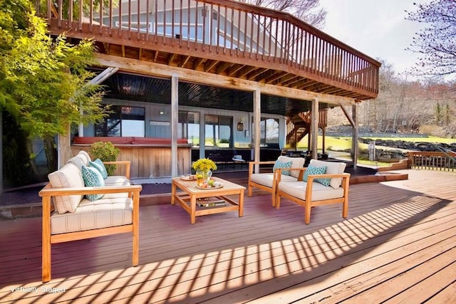 181 Starlight Rd, Monticello, NY 12701 - wooden terrace featuring a hot tub, an outdoor living space, and stairway