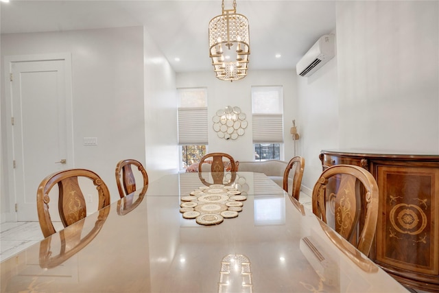 dining space featuring a chandelier and an AC wall unit